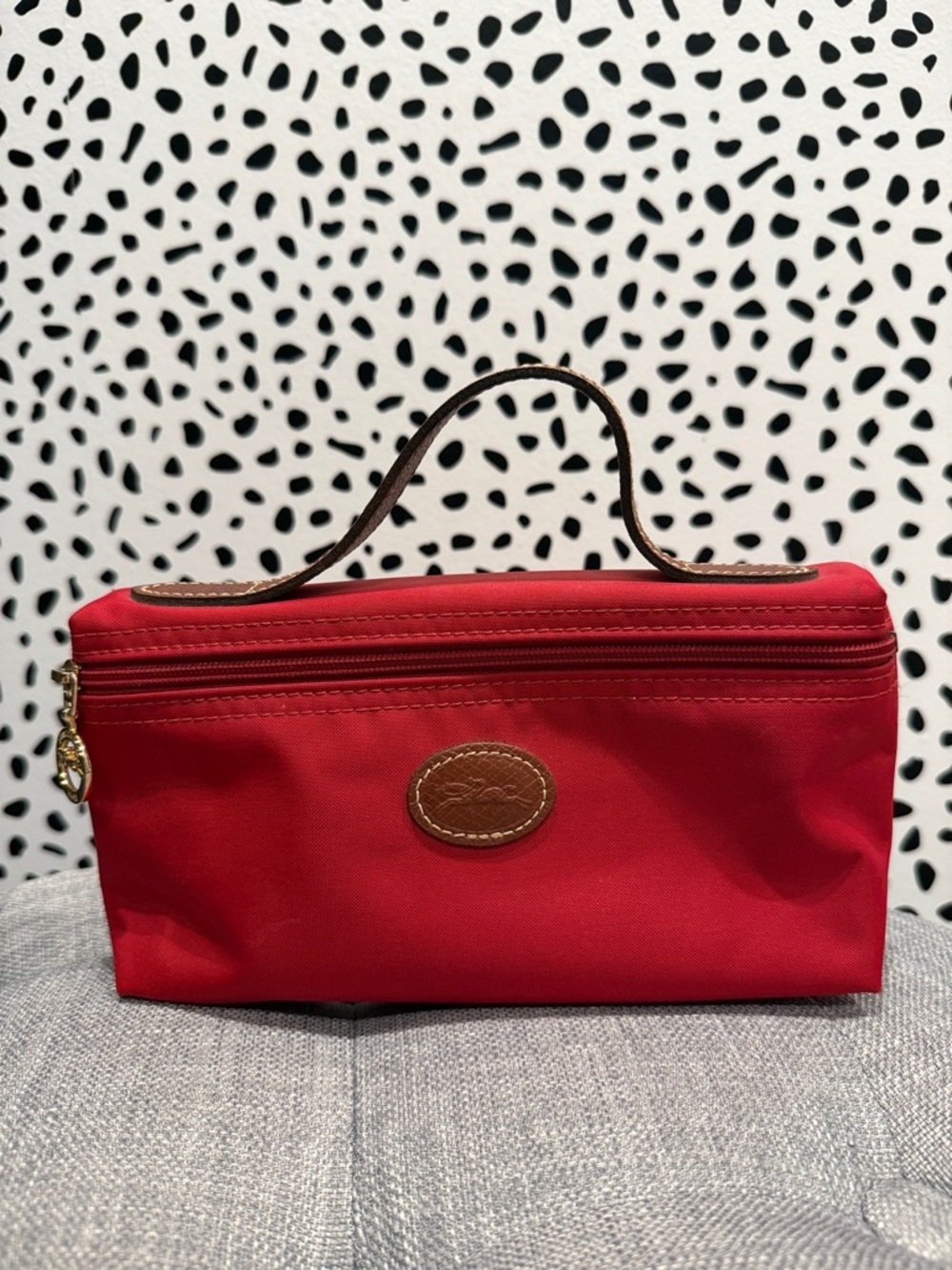 Longchamp Le Pliage Red Nylon Cosmetic Case with Brown Leather Trim